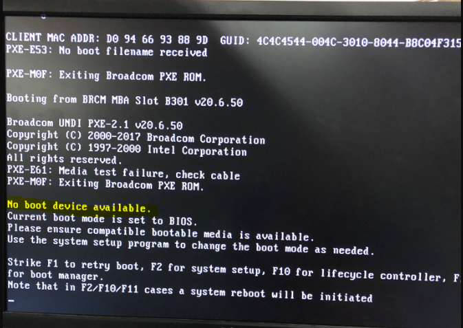 NVR4-STD Error: No Boot Device Available