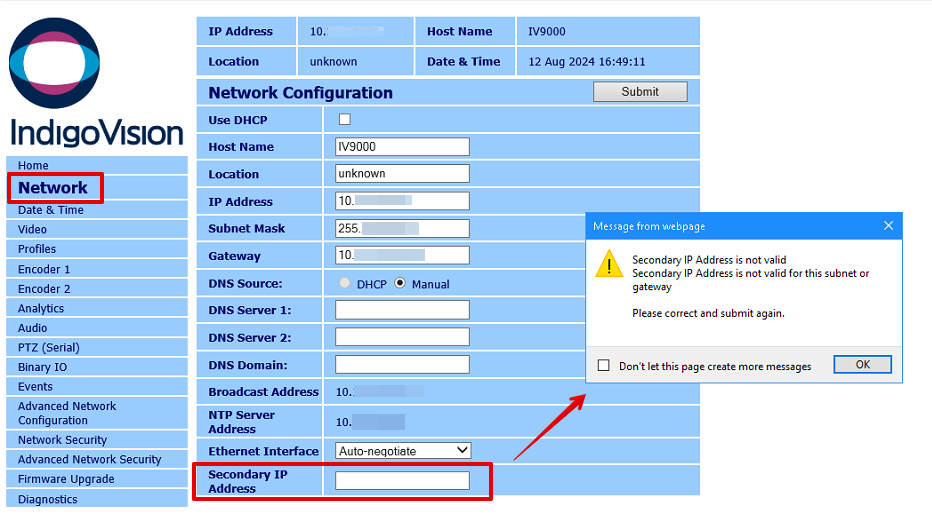 IndigoVision 9000 Dual Channel Encoder Remove the Secondary IP Address