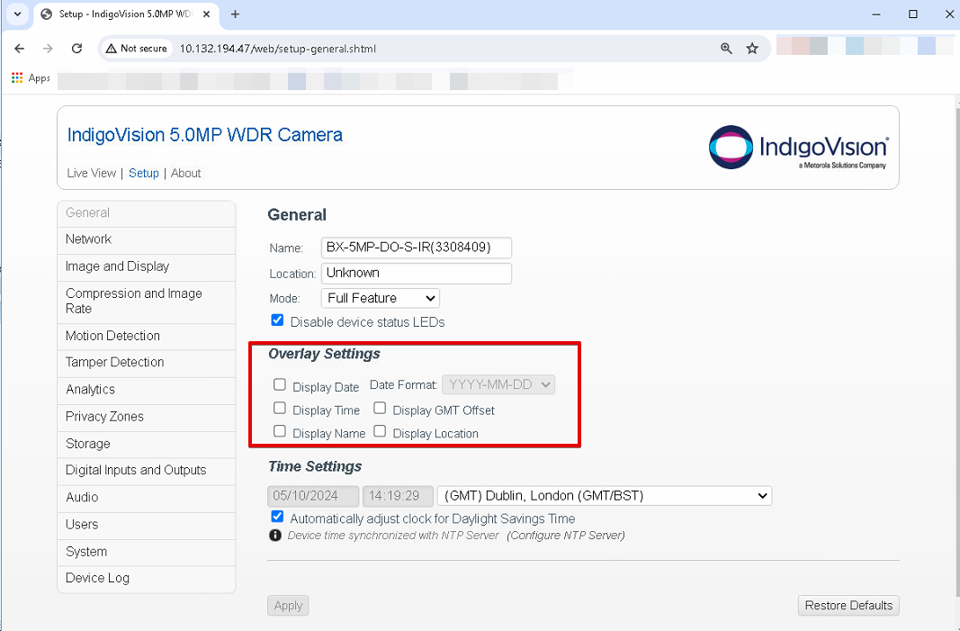 IndigoVision Write data and time on exported recordings is disabled