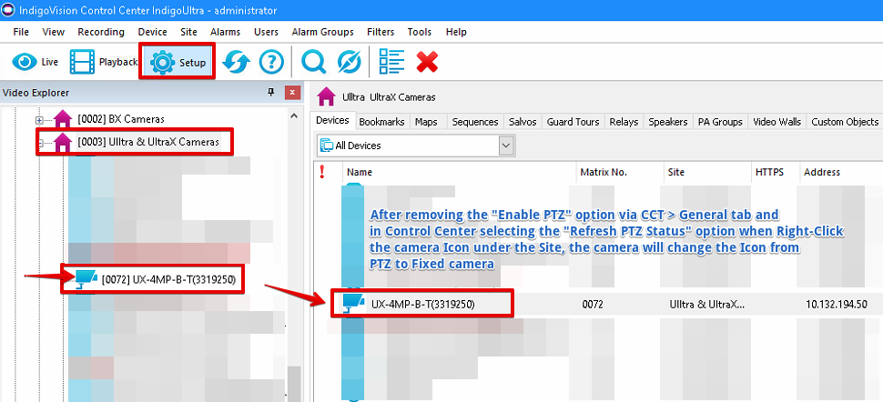 IndigoVision Camera showing PTZ icon in Control Center for Fixed Cameras
