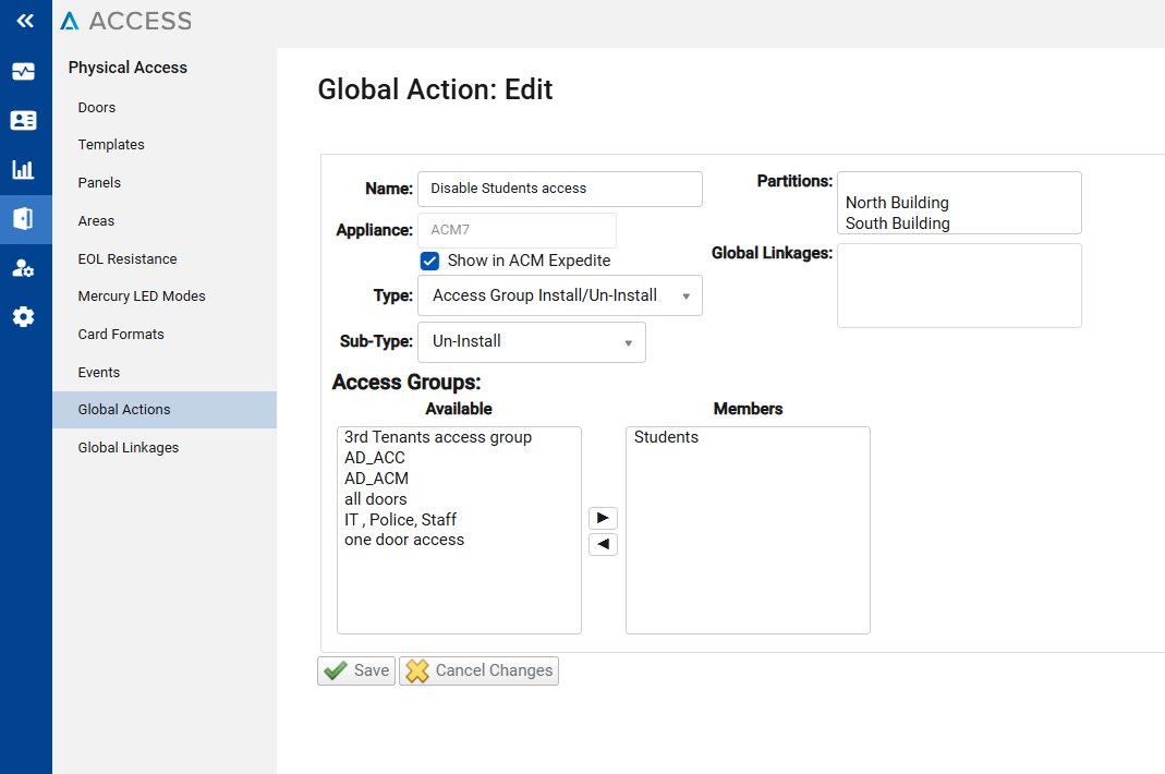 ACM6/UA7 - Global Action limiting door access manually,